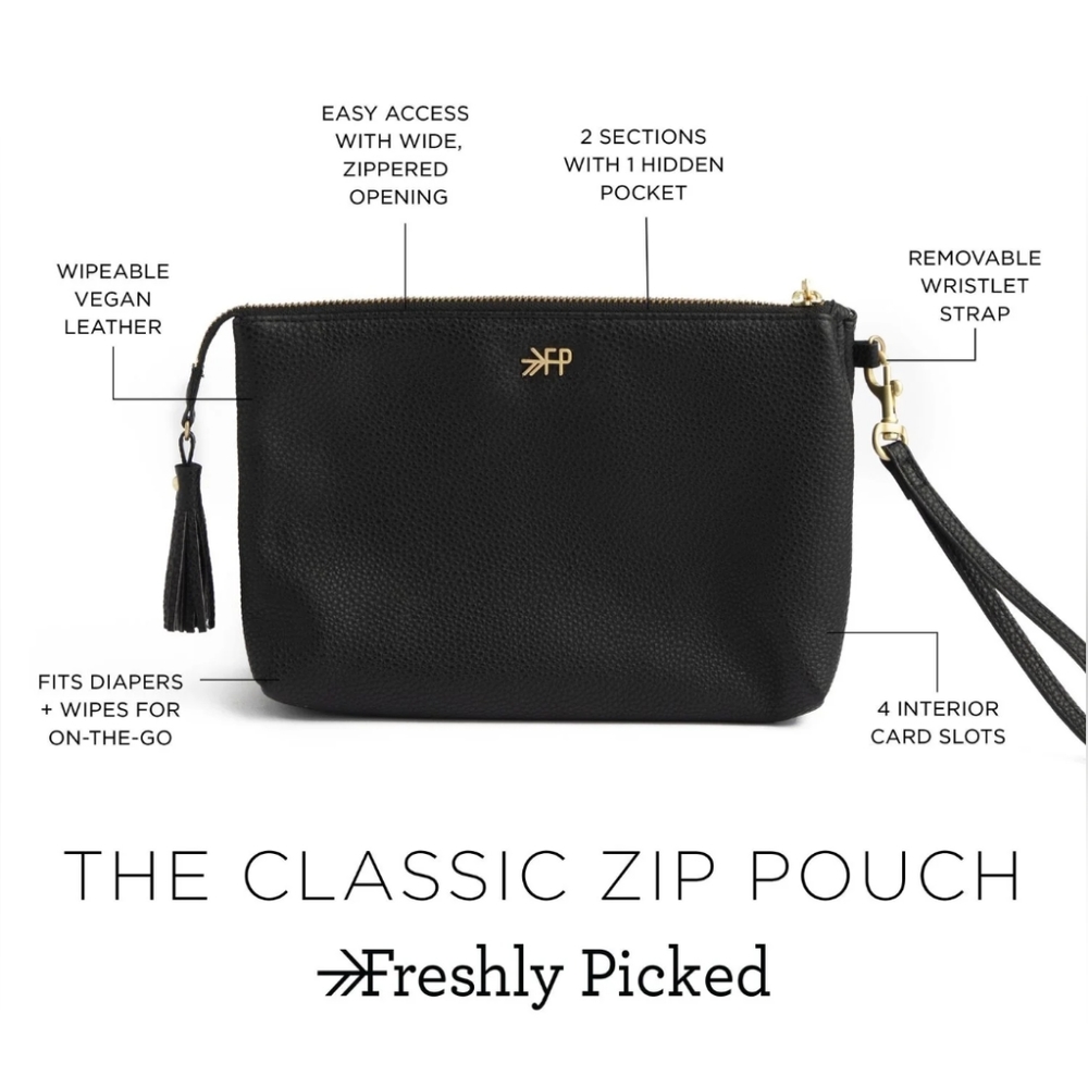 Vegan Leather Wristlet Bag Freshly Picked Classic Zip Pouch Black & Gold